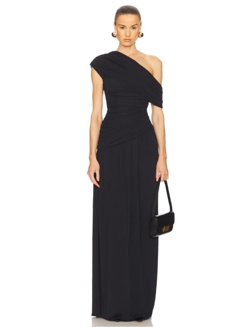HELSA the Apolla Black One-Shoulder Jersey Ruched Evening Gown caviar NWOT